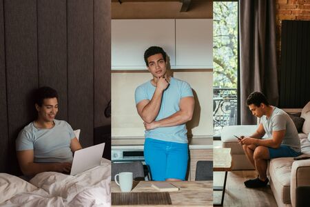 collage with handsome man resting with book and digital devices at home during quarantine