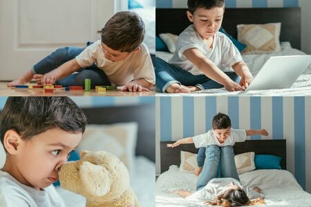 collage of toddler boy with outstretched hands lying on mother, playing with toys and using laptop at homeの写真素材
