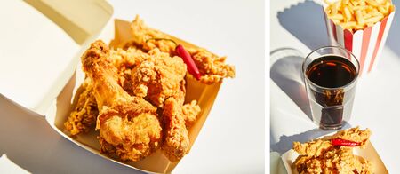 collage of tasty and spicy deep fried chicken with chili pepper and junk food on white table in sunlightの写真素材