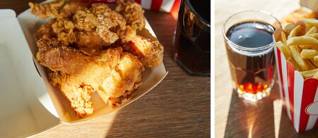 collage of deep fried chicken, french fries and soda in glass on wooden table in sunlight