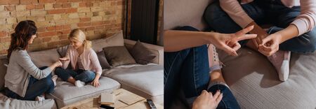 Collage of mother and child playing rock paper scissors at homeの写真素材