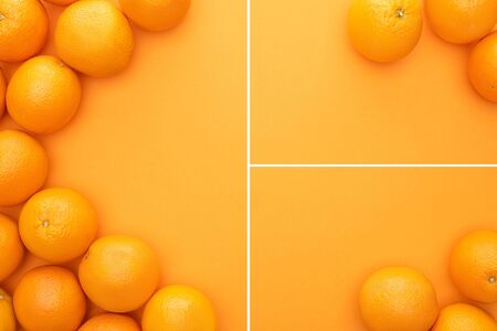 collage of ripe juicy whole oranges on colorful background with copy spaceの写真素材