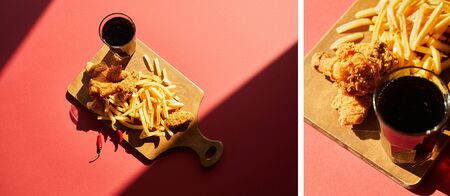 collage of spicy deep fried chicken and french fries served on wooden cutting board with soda in sunlightの写真素材