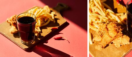 collage of spicy deep fried chicken and french fries served on wooden cutting board with soda in sunlightの写真素材