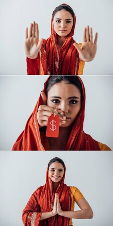 Collage of indian woman smiling, showing stop gesture and male hand holding price tag near face isolated on greyの写真素材