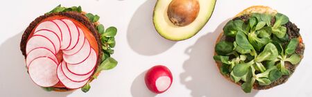 top view of vegan burgers with microgreens, radish on white background, panoramic shot