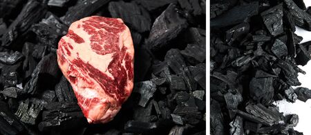 collage of fresh raw steak on black coals on white backgroundの写真素材