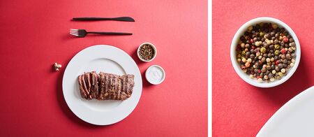 collage of tasty grilled steak served on plate with cutlery and salt and pepper in bowls on red backgroundの写真素材