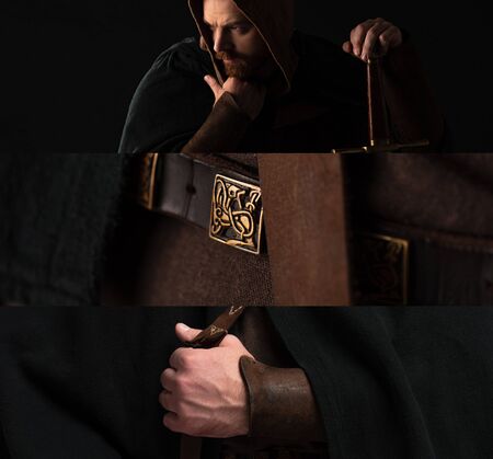 collage of medieval Scottish man in traditional clothing with sword in dark isolated on black