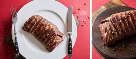 collage of tasty grilled steak served on wooden board and on plate with cutlery on red backgroundの写真素材