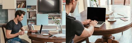 collage of young man holding cup of coffee while using laptop at home, horizontal imageの写真素材