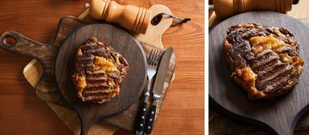 collage of tasty grilled steak served on wooden boards with cutlery, salt and pepper millsの写真素材