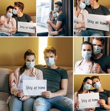 collage of couple in medical masks holding placards with stay at home letteringの写真素材