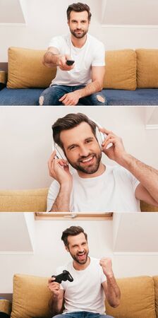 KYIV, UKRAINE - APRIL 14, 2020: Collage of handsome man using remote controller, headphones and...