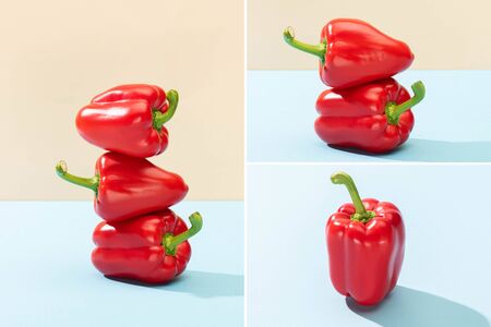 collage of fresh red bell peppers on blue surface isolated on beigeの写真素材