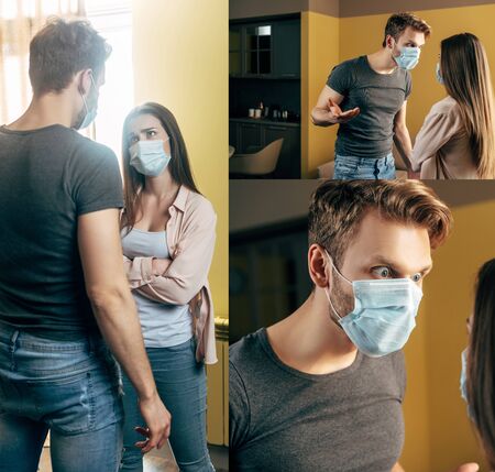 collage of couple in medical masks quarreling at homeの写真素材