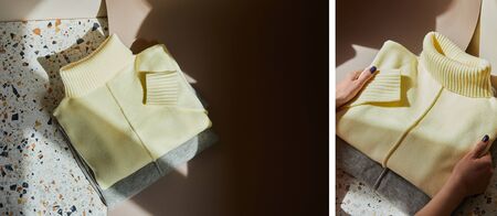 collage of woman holding yellow and grey knitted soft sweaters on stone and paper surface in...