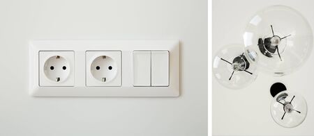collage of power sockets near switch and light bulbsの写真素材