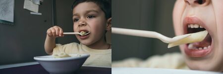 collage of cute brunette boy eating penne pasta with fork, horizontal image