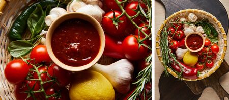collage of delicious tomato sauce with fresh ripe vegetables in basketの写真素材