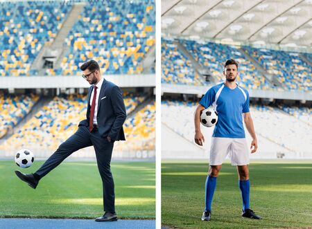 collage of young businessman in suit and football player with soccer ball at stadium