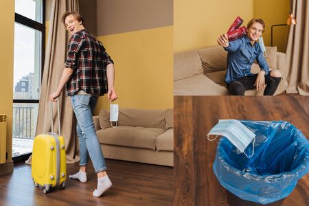 collage of trash can with garbage bag, happy man holding medical mask, night party tickets and walking with baggage, end of quarantine conceptの写真素材
