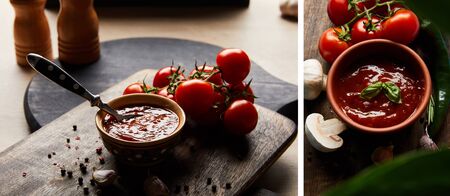 collage of delicious tomato sauce in bowl with spoon near tomatoes and spices on wooden boardの写真素材