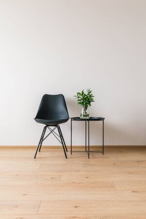 black coffee table with green plant near modern chairの写真素材