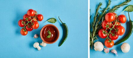collage of delicious sauce in bowl near fresh ripe vegetables on blue background
