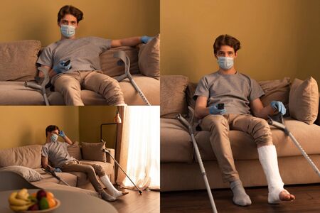 Collage of man in medical mask and plaster bandage on leg watching tv at homeの写真素材