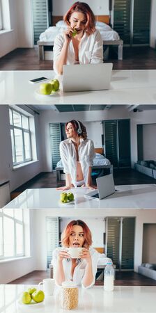 collage with girl using laptop, smartphone and headphones during breakfast at home on self isolation
