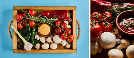 collage of delicious sauces in bowls near fresh ripe vegetables, rosemary and mushrooms in wooden...