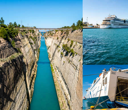 collage of bridge near rocks, cruise ship with aidabella lettering near ferry in aegean seaのeditorial素材