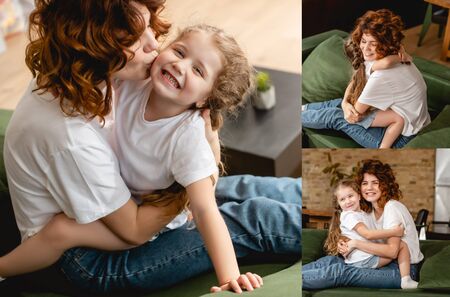 collage of curly mother kissing cheek and hugging happy daughter