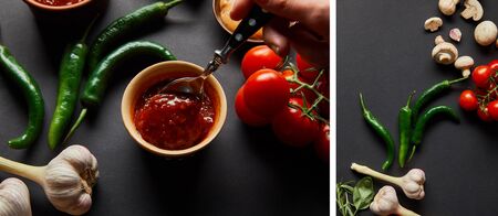 collage of one person holding spoon near tasty tomato sauce and vegetables on black