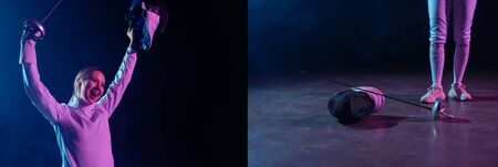 Collage of excited swordswoman holding rapier and fencing mask on black background with lighting