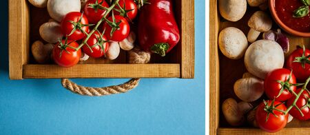 collage of tomato sauce in bowl near mushrooms, red cherry tomatoes and chili pepper in wooden box...