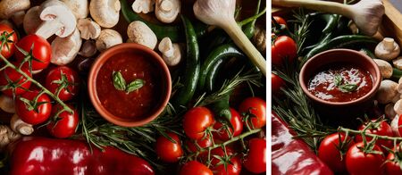 collage of tomato sauce in bowls near mushrooms, red cherry tomatoes, rosemary and chili peppers in wooden box on blackの写真素材