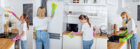 collage of sisters in rubber gloves holding rags while cleaning kitchen
