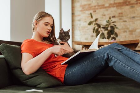 selective focus of beautiful woman holding cat and reading book in living roomの写真素材