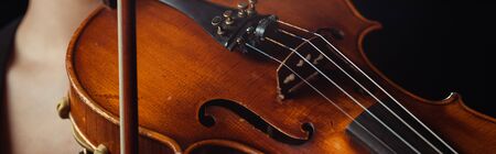 close up of professional violin and bow, panoramic conceptの写真素材