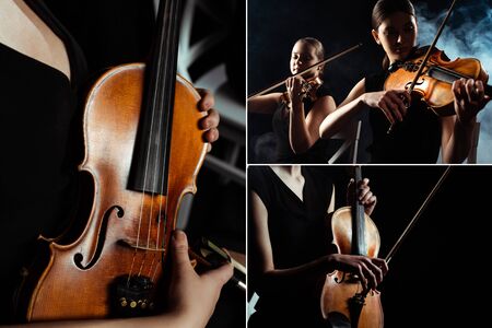 collage with professional musicians playing on violins on dark stage with smokeの写真素材