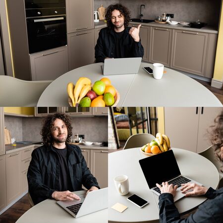 Collage of freelancer showing like gesture while using laptop in kitchen