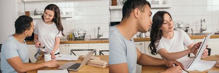 collage of cheerful girl holding coffee pot, cup and papers near mixed race man and laptop on table