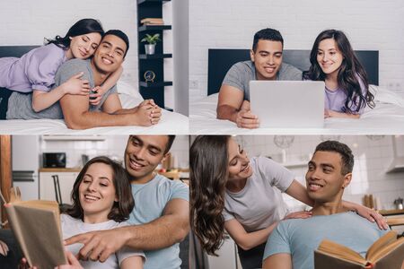 collage of interracial couple hugging and using laptop, mixed race man pointing with finger at book near girlfriendの写真素材