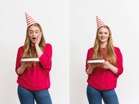 collage of emotional girl in party caps holding tasty birthday cakes with burning candles