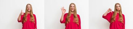 collage of emotional girl showing thumb up, thumb down and ok sign isolated on white