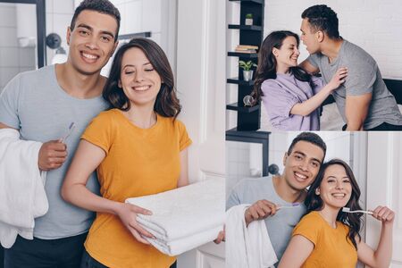collage of cheerful multiracial couple holding towels and toothbrushes in bathroomの写真素材