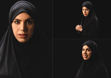 Collage of beautiful sad and smiling muslim woman looking at camera isolated on blackの写真素材