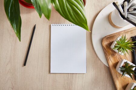 top view of green plants, blank notebook with pencils and pens in holder on wooden surfaceの写真素材